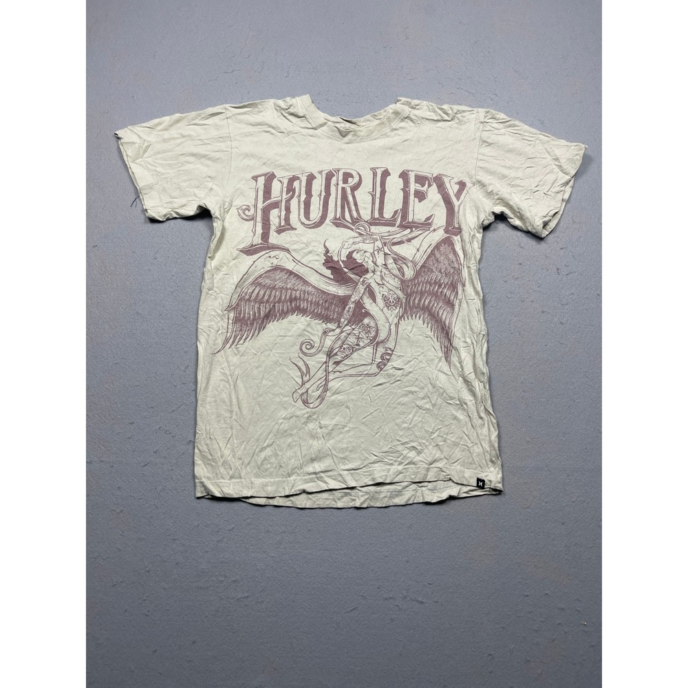 Hurley Graphic T-Shirt Mens Medium Tan Angel Wing Cotton Regular Fit Excellent